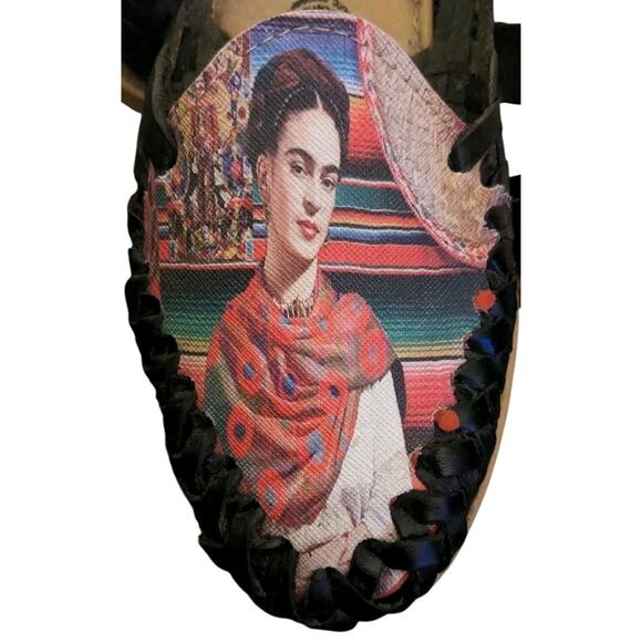 Frida Kahlo Shoes 7 Black Woven Leather Segura Shy Huaraches Artsy Boho Slip Ons - Picture 2 of 9